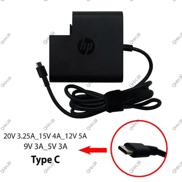 آداپتور تبلت-موبایل-لپ تاپ اچ پی 20V 3.25A_15V 4A_12V 5A_9V 3A_5V 3A Type C_Gimo Plus مربعی-کابل سه تایی