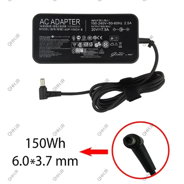 آداپتور لپ تاپ ایسوس 20V 7.5A Gimo Plus سوزن دار 6*3.7mm